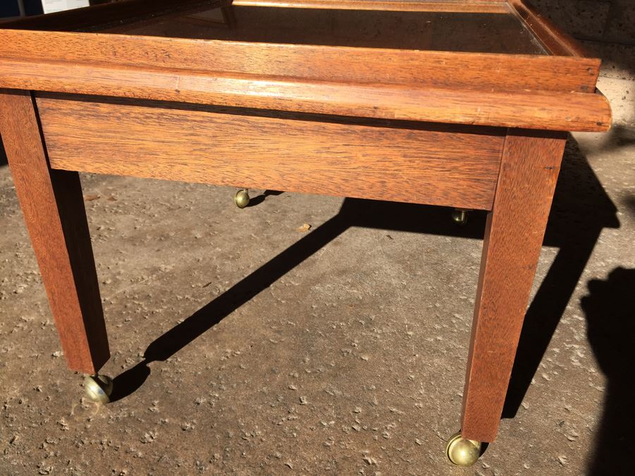 Table On Brass Casters With Removable Glass Top Tooled Leather [Photo 12]