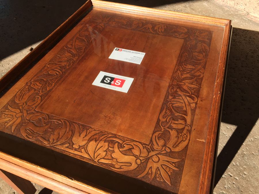Table On Brass Casters With Removable Glass Top Tooled Leather [Photo 19]