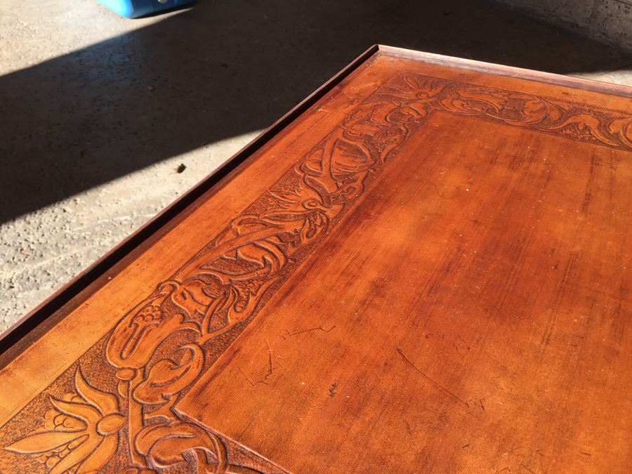 Table On Brass Casters With Removable Glass Top Tooled Leather [Photo 17]
