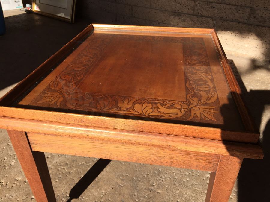 Table On Brass Casters With Removable Glass Top Tooled Leather [Photo 13]