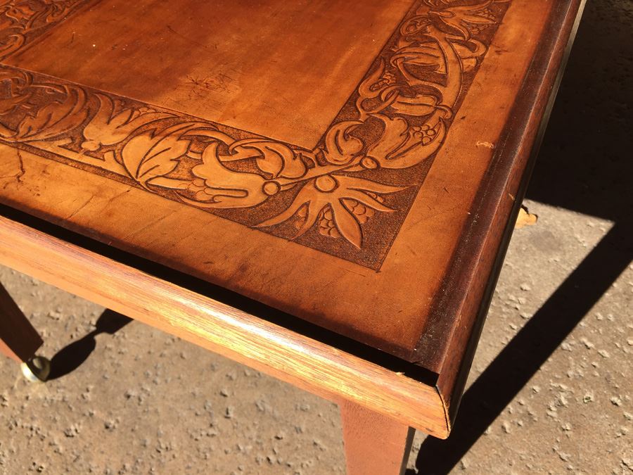 Table On Brass Casters With Removable Glass Top Tooled Leather [Photo 15]