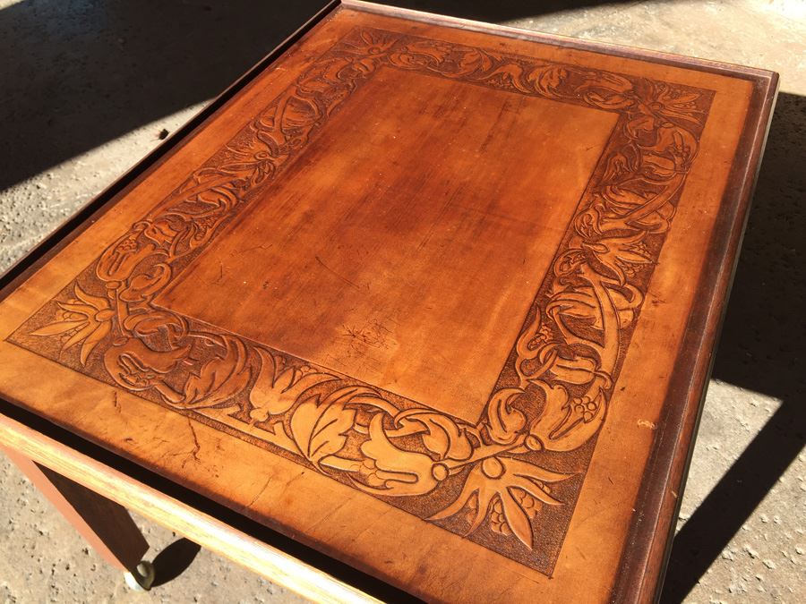 Table On Brass Casters With Removable Glass Top Tooled Leather [Photo 18]