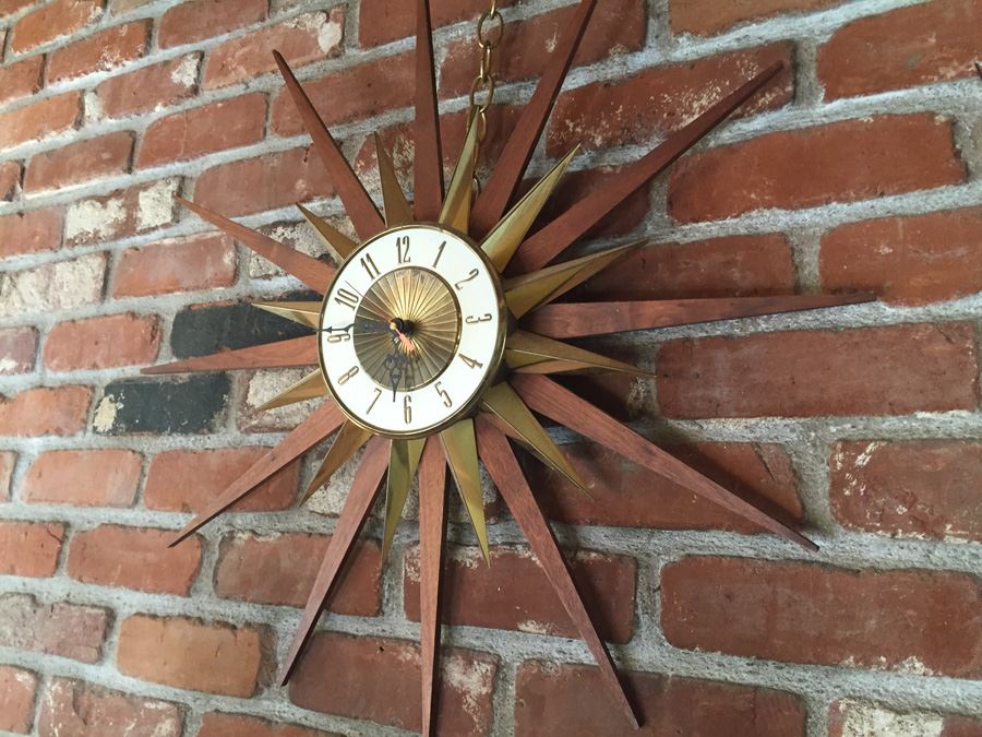 Working Mid-Century Modern Wood & Brass Sunburst Clock [Photo 1]