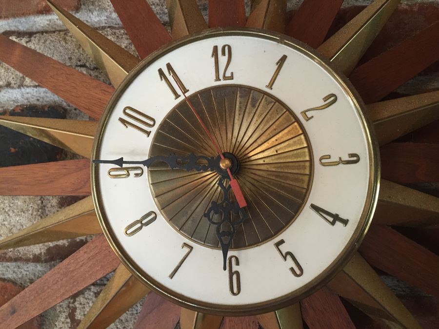 Working Mid-Century Modern Wood & Brass Sunburst Clock [Photo 2]