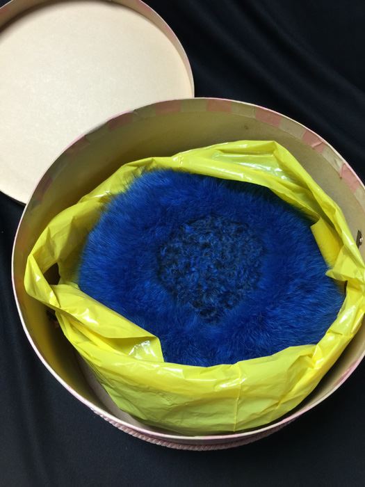 Vintage Russian Made Pot O Poht Blue Fur Cossack Cap With Hat Box