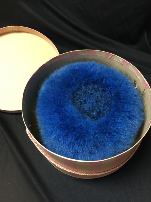 Vintage Russian Made Pot O Poht Blue Fur Cossack Cap With Hat Box