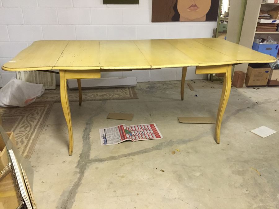 Yellow French Provencial Dining Table With Drop-Leafs On End And Two Removable Leafs