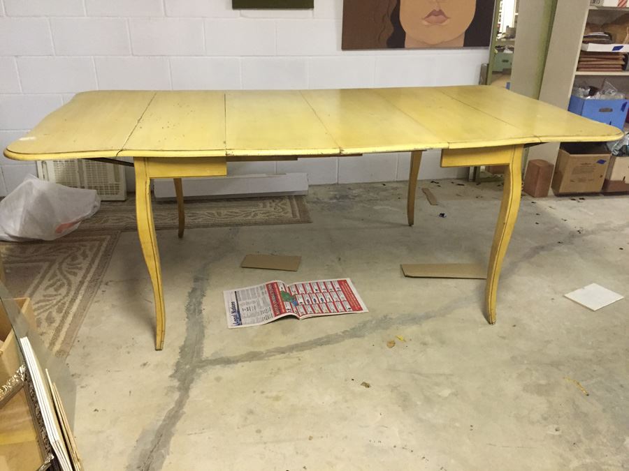 Yellow French Provencial Dining Table With Drop-Leafs On End And Two Removable Leafs [Photo 1]