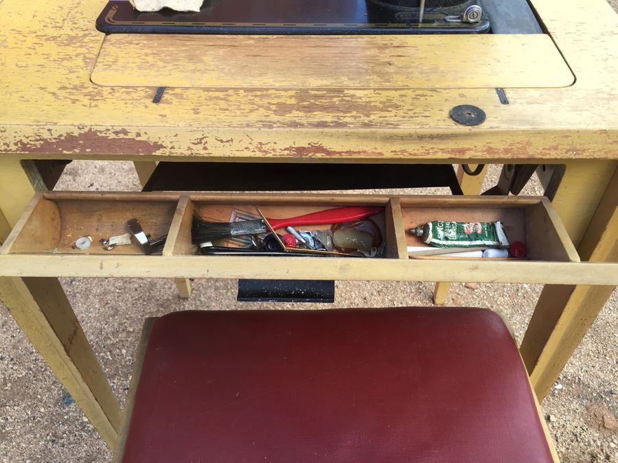 Vintage Singer Sewing Machine With Cabinet, Chair, And Supplies [Photo 12]
