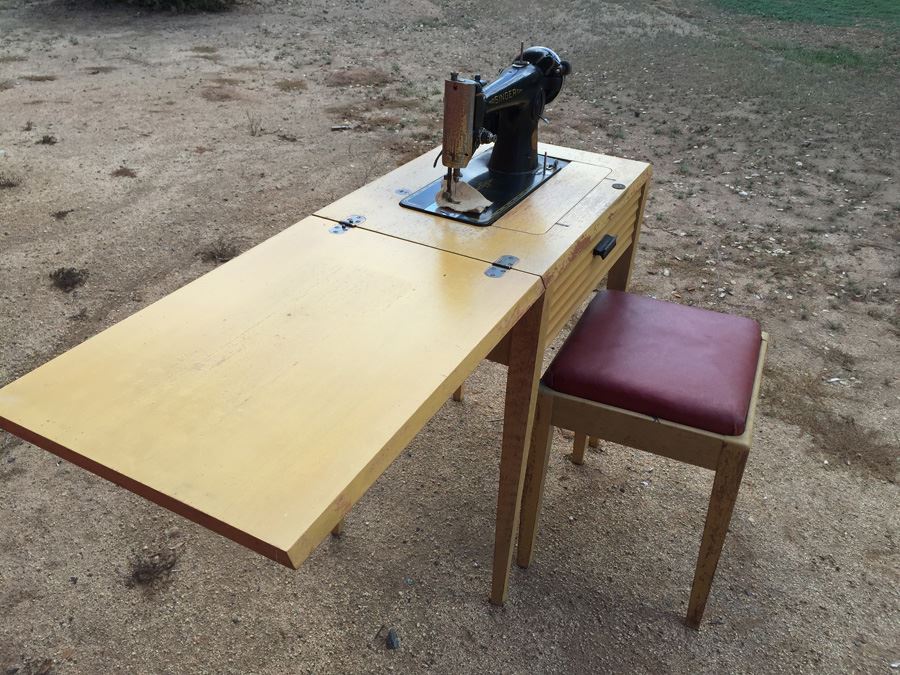 Vintage Singer Sewing Machine With Cabinet, Chair, And Supplies [Photo 5]
