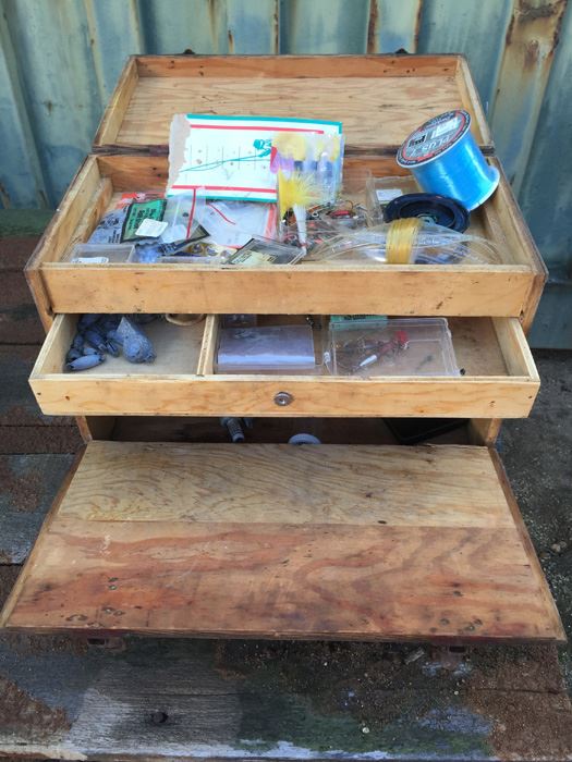 Vintage Wooden Tackle Box With Tackle
