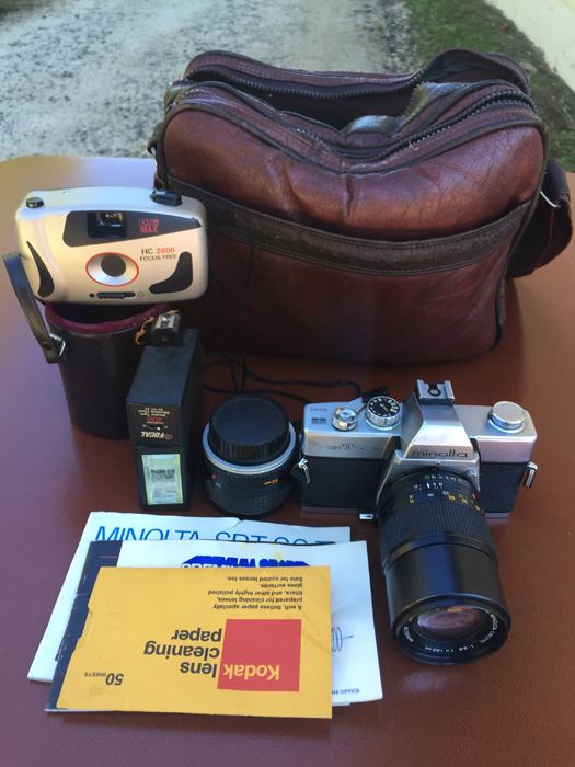 Camera Lot Includes Minolta Camera With Multiple Lenses And Camera Bag