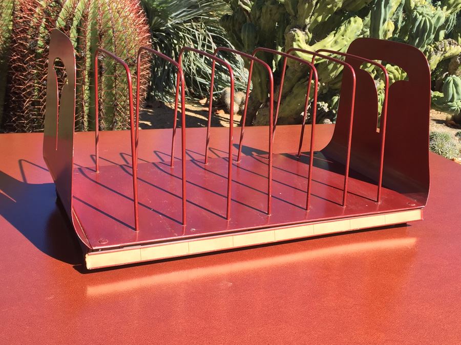 Mid-Century Red Metal Storage Organizer Record Storage [Photo 3]