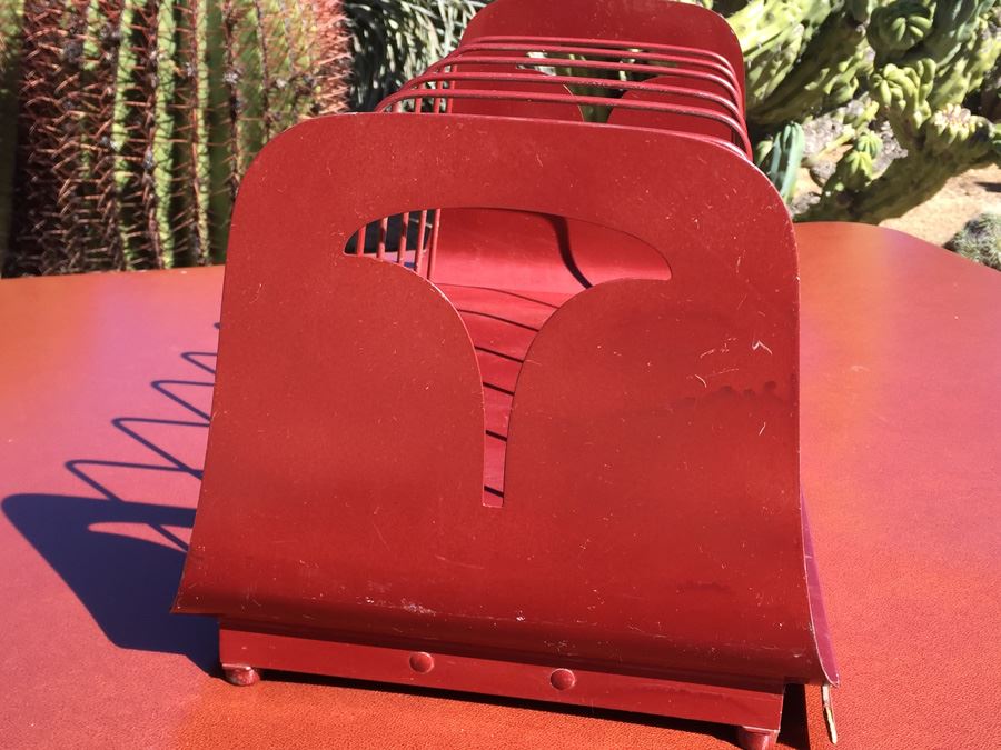 Mid-Century Red Metal Storage Organizer Record Storage [Photo 4]
