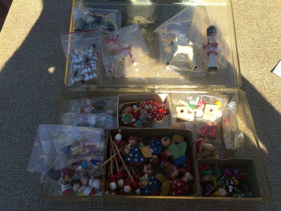 Plastic Bin Of Hand Painted Wooden Ornaments