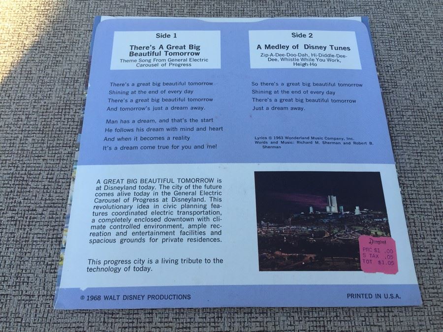 1968 Walt Disney Record 'There's A Great Big Beautiful Tomorrow' General Electric DISNEYLAND [Photo 2]