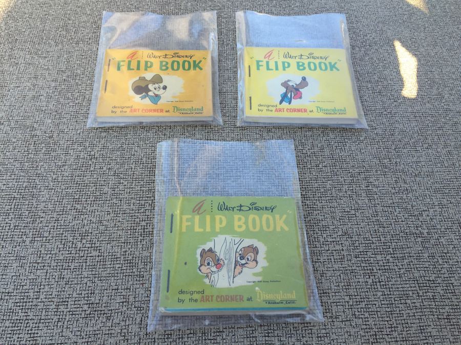 4 Disneyland Art Corner FLIP BOOKS — MICKEY MOUSE, DONALD DUCK, PLUTO, CHIP  'N' DALE, 1960s