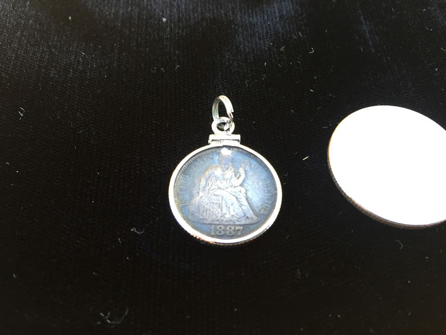 1887 Love Token Engraved CB BC Design Silver Liberty Seated Dime Pendant [Photo 2]