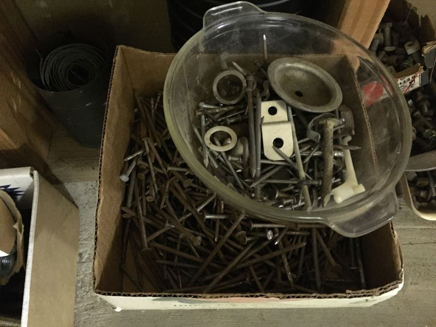 Huge Lot Of Hardware And Tools Including Nails, Screws, Bolts, Heavy Duty Crowbars, Metal Tongs [Photo 14]