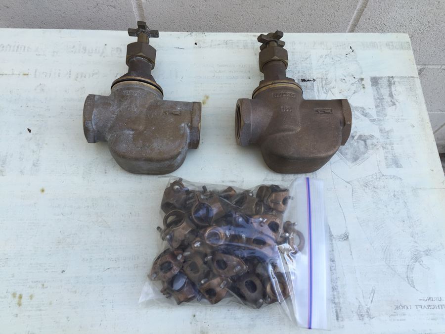 (2) Champion Manual Straight Valves And Bag Of Brass Plumbing Items