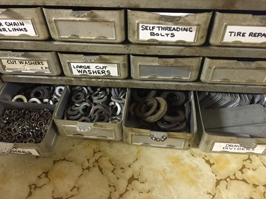 Vintage Metal Storage Cabinet Filled With Hardware And Tools [Photo 21]