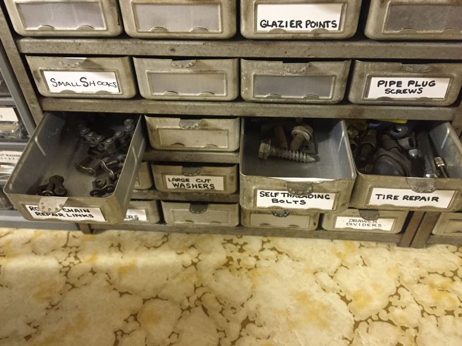 Vintage Metal Storage Cabinet Filled With Hardware And Tools [Photo 19]