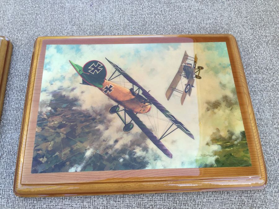 (4) J B Deneen Aviation Prints Mounted On Wood