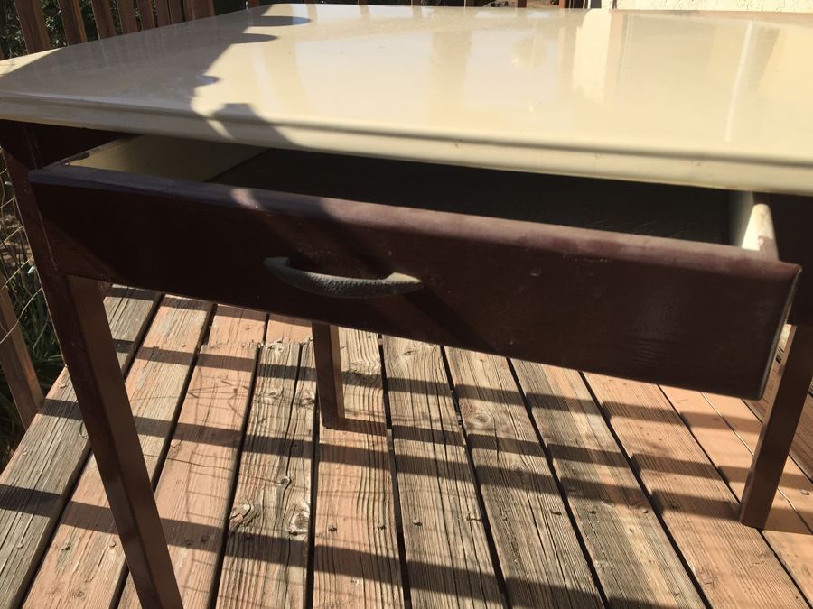Vintage Porcelain Enamel Kitchen Table With Drawer [Photo 2]