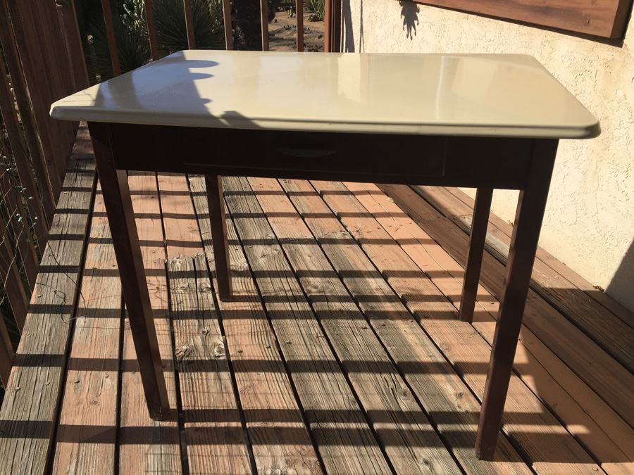 Vintage Porcelain Enamel Kitchen Table With Drawer