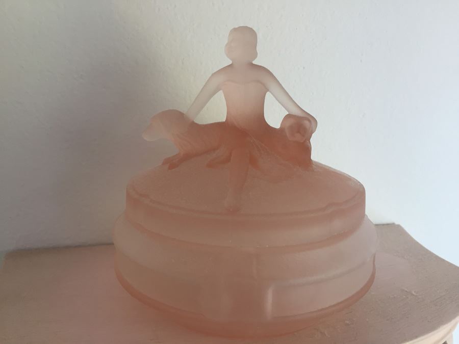 Vintage Art Deco L E Smith Annette Pink Satin Glass Powder Jar Woman Dogs