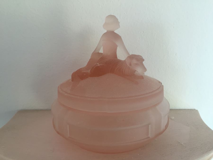 Vintage Art Deco L E Smith Annette Pink Satin Glass Powder Jar Woman Dogs