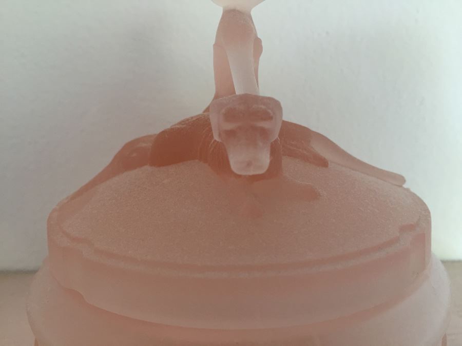 Vintage Art Deco L E Smith Annette Pink Satin Glass Powder Jar Woman Dogs [Photo 7]
