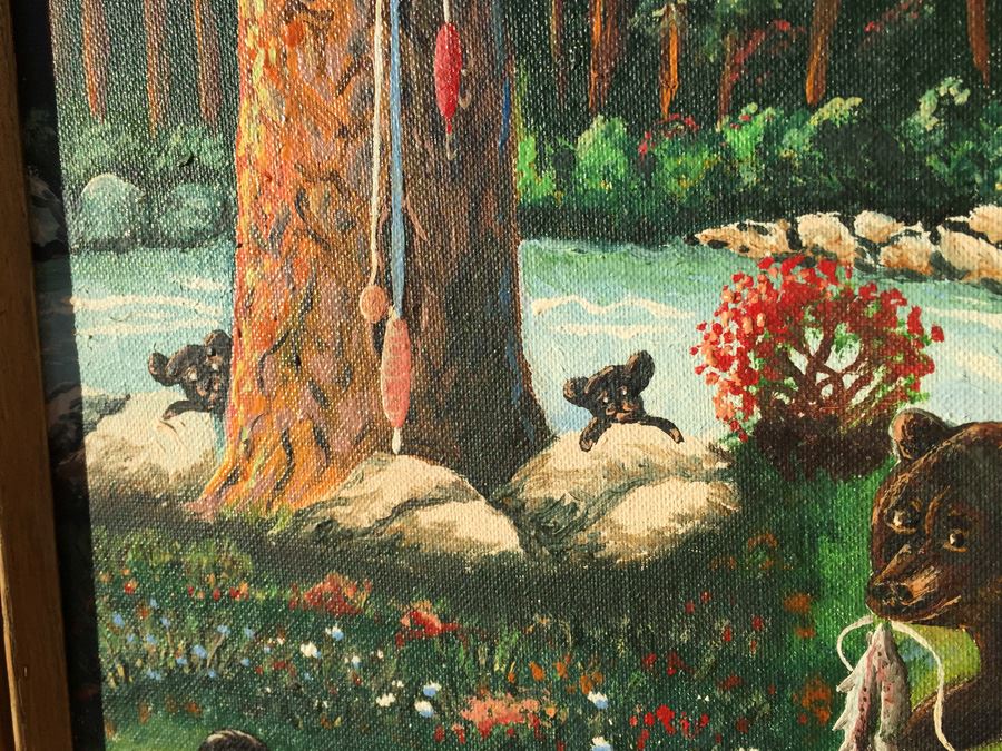 P. G. Bergmann Original Oil Painting Bear With Cubs In Nature 1973 Titled Recycle [Photo 7]