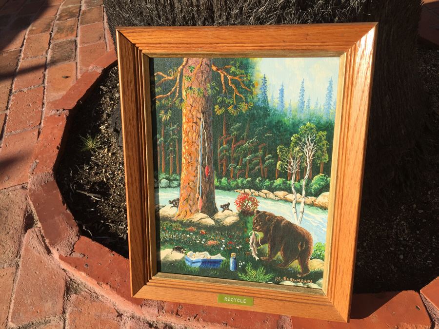 P. G. Bergmann Original Oil Painting Bear With Cubs In Nature 1973 Titled Recycle