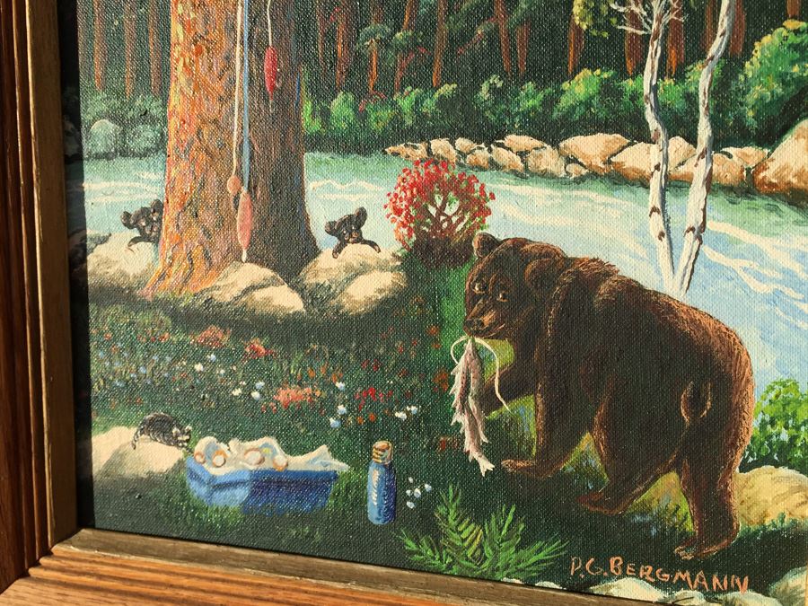 P. G. Bergmann Original Oil Painting Bear With Cubs In Nature 1973 Titled Recycle [Photo 8]