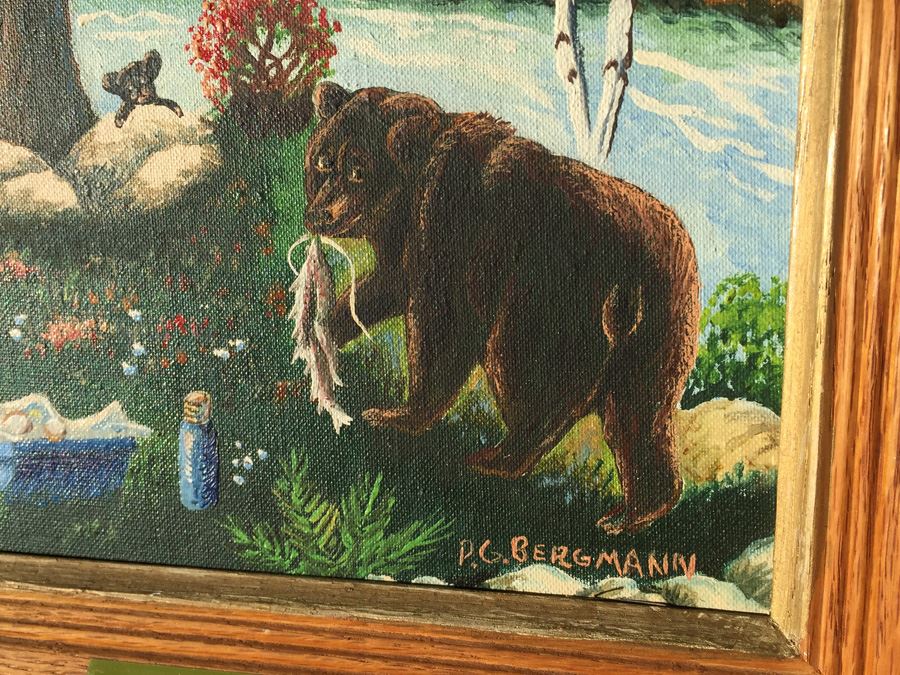P. G. Bergmann Original Oil Painting Bear With Cubs In Nature 1973 Titled Recycle [Photo 3]