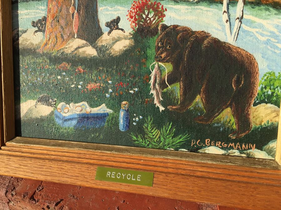 P. G. Bergmann Original Oil Painting Bear With Cubs In Nature 1973 Titled Recycle [Photo 2]