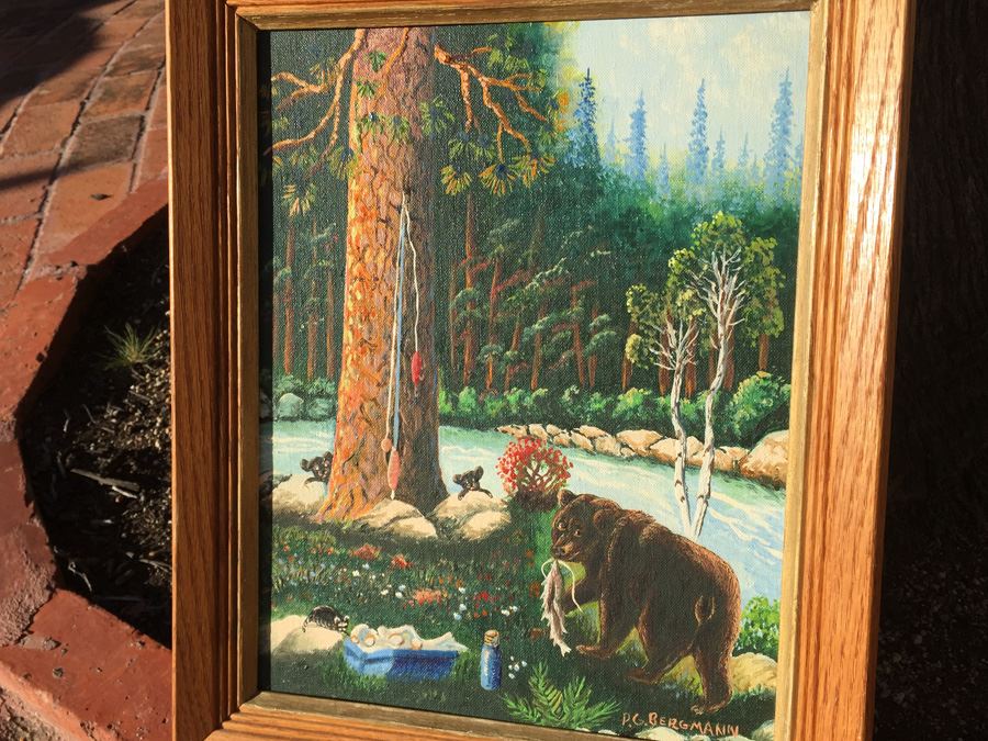 P. G. Bergmann Original Oil Painting Bear With Cubs In Nature 1973 Titled Recycle [Photo 6]