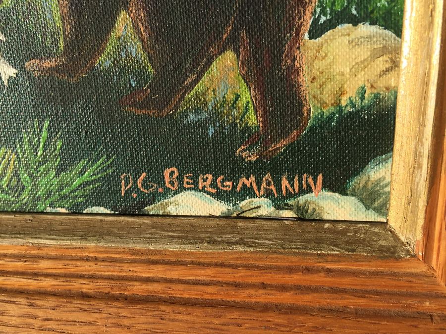 P. G. Bergmann Original Oil Painting Bear With Cubs In Nature 1973 Titled Recycle [Photo 4]