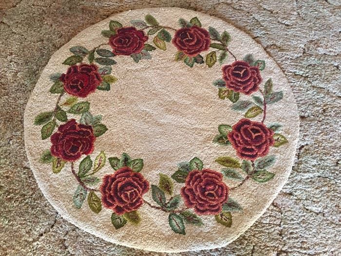 Vintage Round Needlepoint Rug Hand Made With Roses