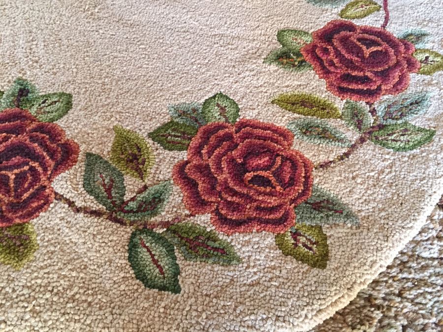 Vintage Round Needlepoint Rug Hand Made With Roses [Photo 2]