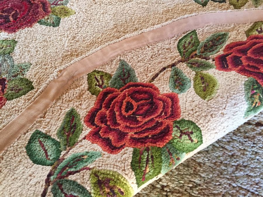 Vintage Round Needlepoint Rug Hand Made With Roses [Photo 4]
