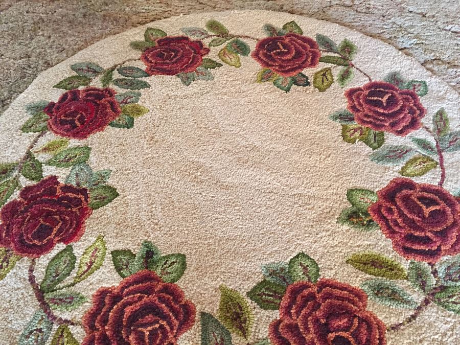 Vintage Round Needlepoint Rug Hand Made With Roses [Photo 3]