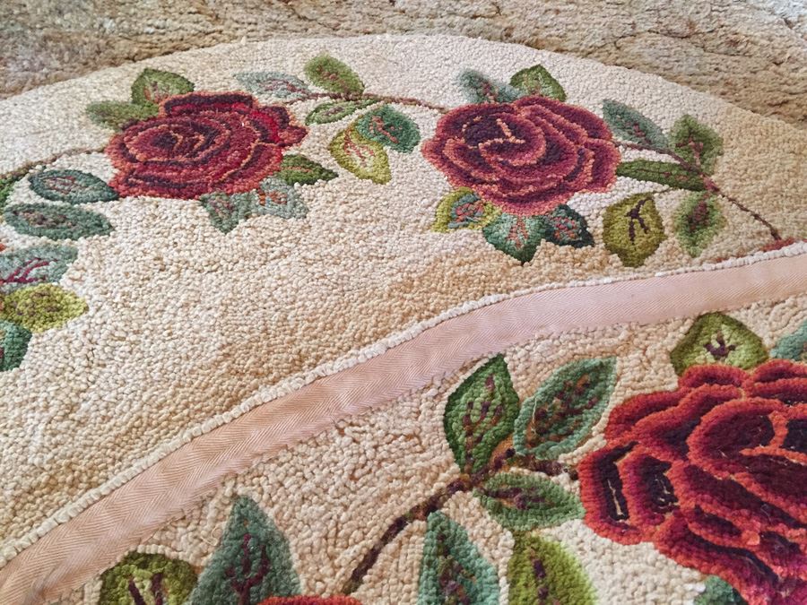 Vintage Round Needlepoint Rug Hand Made With Roses [Photo 6]