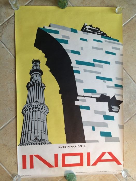 Original Vintage India Travel Poster - Qutb Minar Delhi 1959