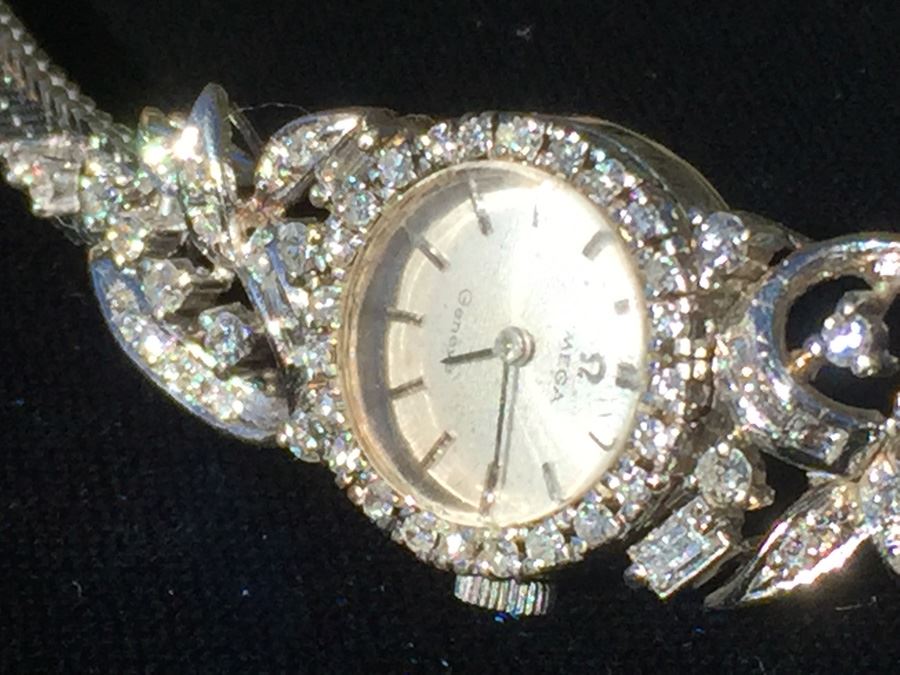 Ladies 18K White Gold Omega Geneve Watch Covered In Diamonds [Photo 2]