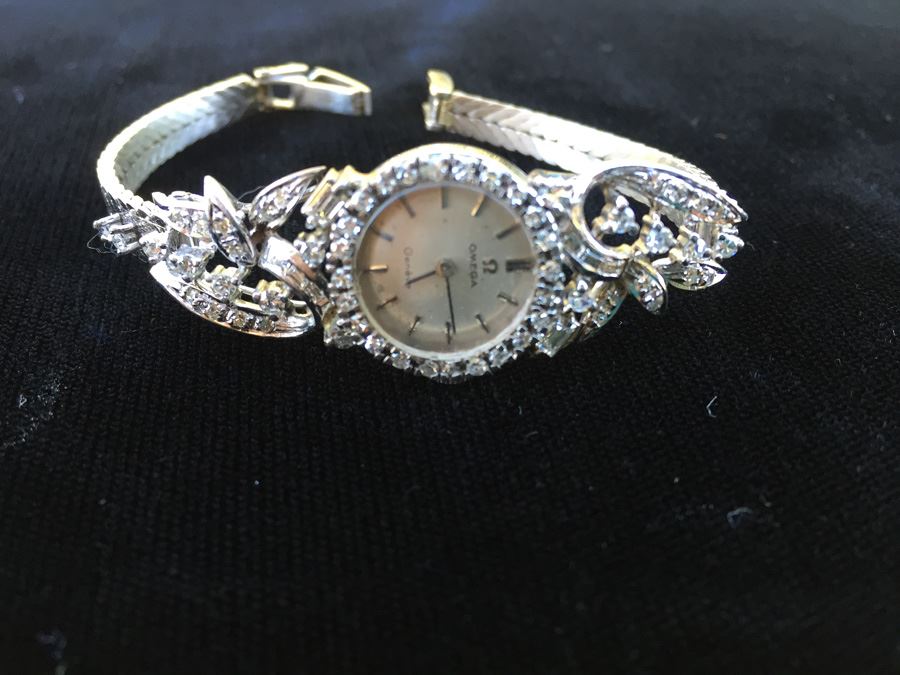 Ladies 18K White Gold Omega Geneve Watch Covered In Diamonds