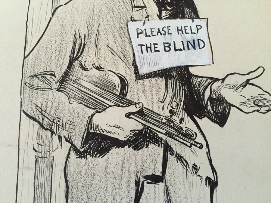 Original F. A. Carter (Fernando Carter) Sketch Titled Counterfeits Showing Street Performer With Sign 'Please Help The Blind' [Photo 7]