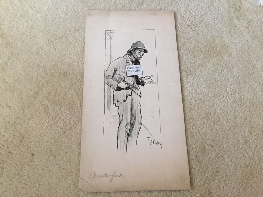 Original F. A. Carter (Fernando Carter) Sketch Titled Counterfeits Showing Street Performer With Sign 'Please Help The Blind' [Photo 2]