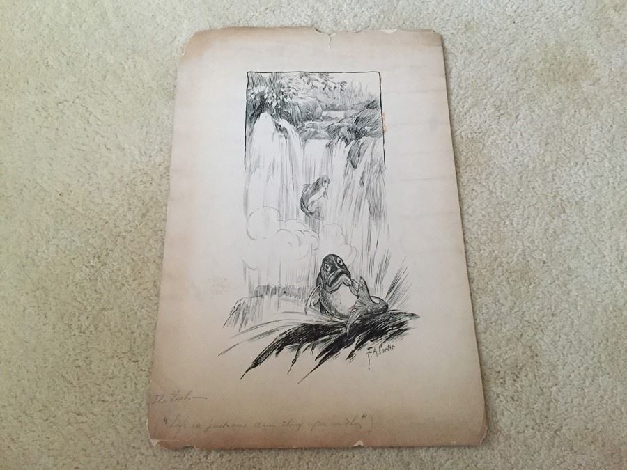 Original F. A. Carter (Fernando Carter) Sketch Titled Fish - 'Life Is Just One Dam Thing After Another'